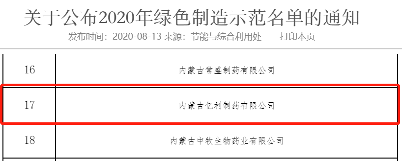 亿利制药获评内蒙古“专精特新”“绿色工厂”两项荣誉