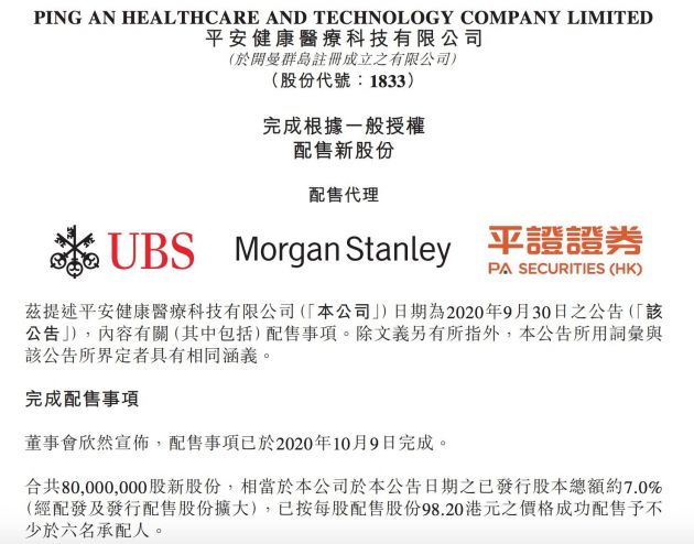 平安好医生完成配售8000万股 占已发行股本的7%