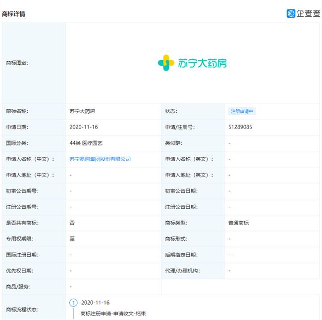 苏宁易购集团申请“苏宁大药房”商标