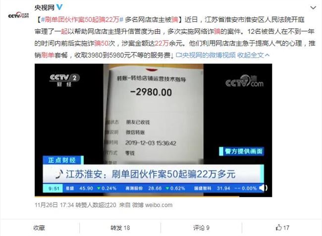 刷单团伙作案50起骗22万 利用店主急于提高人气心理实施诈骗