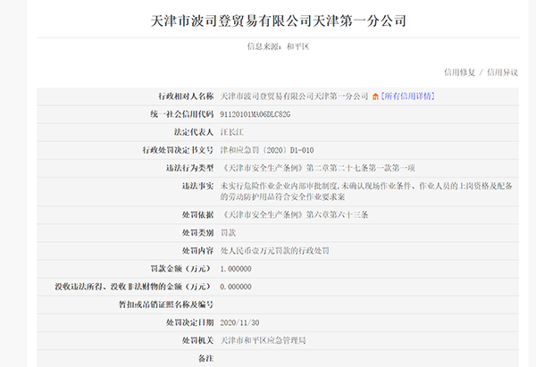 违反安全生产条例 波司登天津第一分公司遭罚1万元