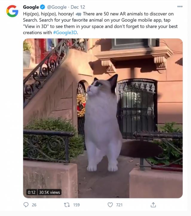 可爱！Google在移动搜索中添加了更多的AR动物