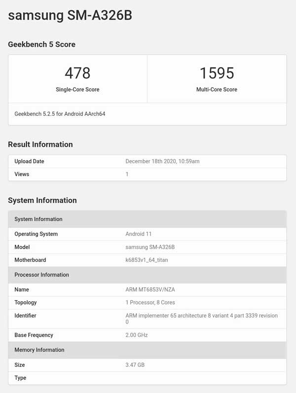 三星GalaxyA32现身Geekbench，采用联发科天玑720芯片