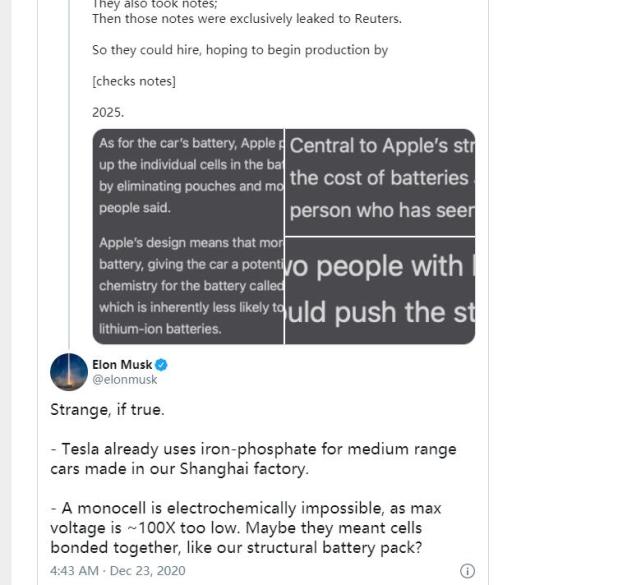 马斯克：苹果汽车可能采用像特斯拉那样的结构性电池组