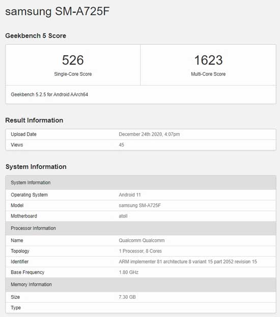 三星GalaxyA72 4G现身Geekbench：使用骁龙720G处理器，主摄6400万像素