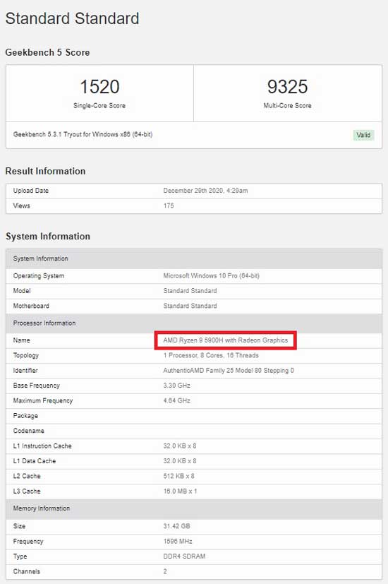 AMD Ryzen9 5900H在Geekbench跑分曝光：单核1520分，多核9325分