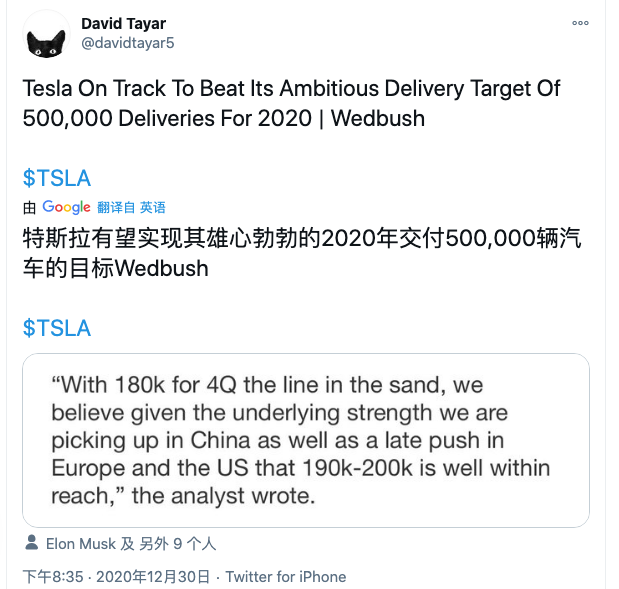 Dan Ives：特斯拉将实现50万辆年度交付目标，2022年将达100万辆