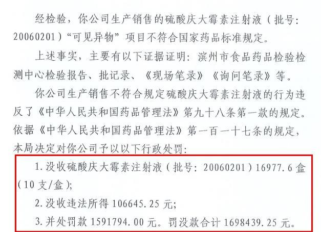 鲁抗医药子公司生产销售硫酸庆大霉素注射液不合格，遭山东药监局没收10.7万，重罚近160万