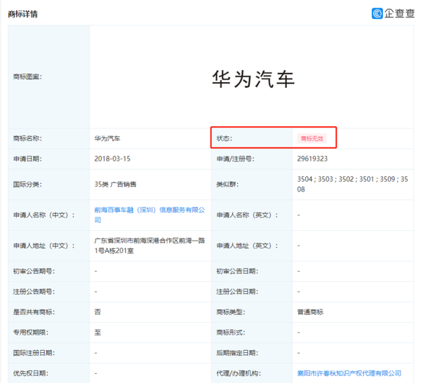 华为汽车商标遭其它公司抢注