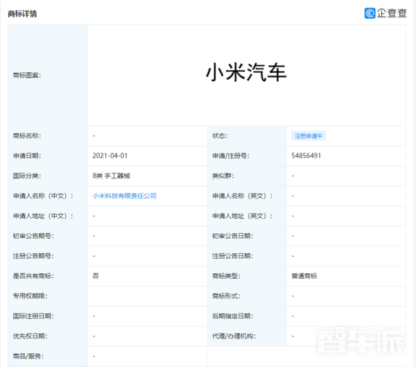 小米注册“小米汽车”商标