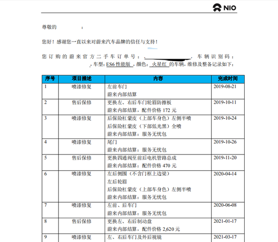 刘先生所购汽车详细维保信息