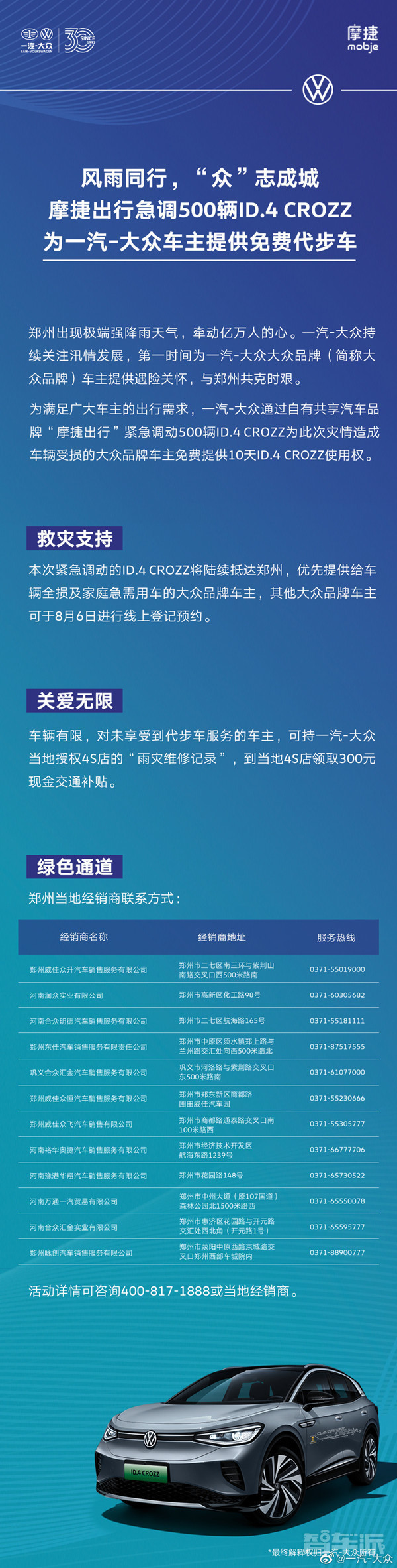 一汽-大众为郑州车主免费提供ID.4 CROZZ十天使用权