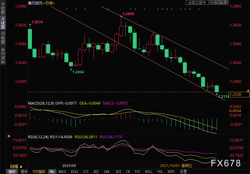 美元兑加元创逾三个月新低，关注下方1.2300关口的关键支撑