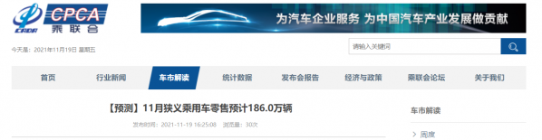 乘联会:11月狭义乘用车零售预计186万辆 同比下降10.6%