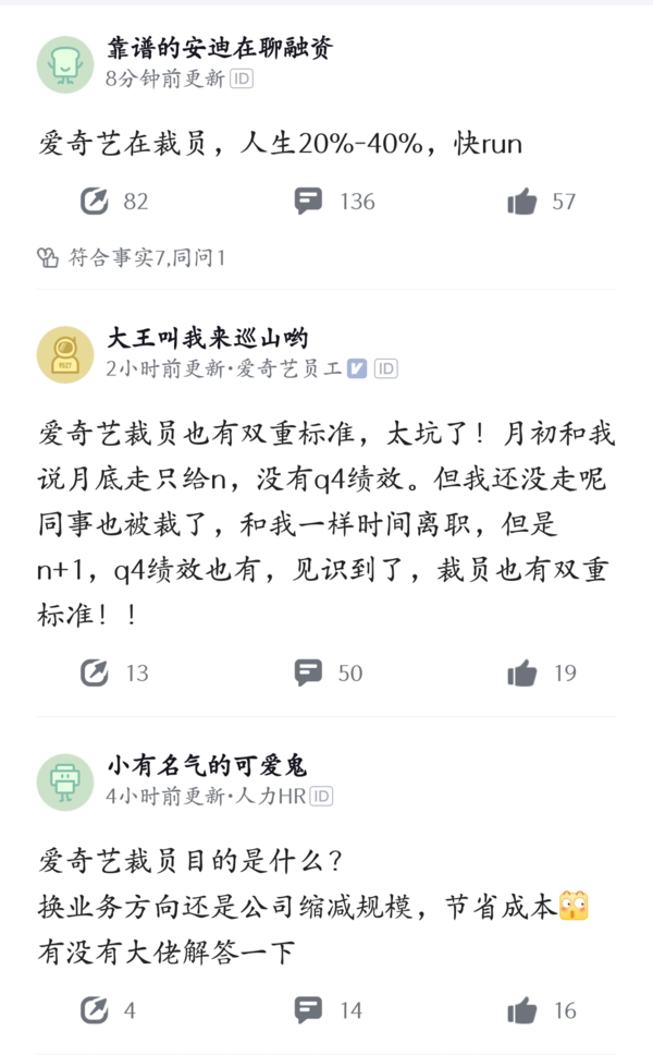 某平台上关于爱奇艺裁员的讨论