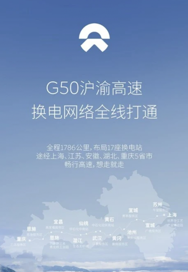 蔚来宣布G50沪渝高速换电网络全线打通