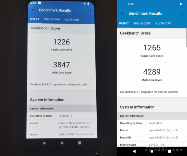 GeekBench成绩左：骁龙8 Gen1 右：天玑9000