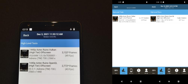 Vulkan &OpenGL（1440p）成绩 左：骁龙8 Gen1 右：天玑9000