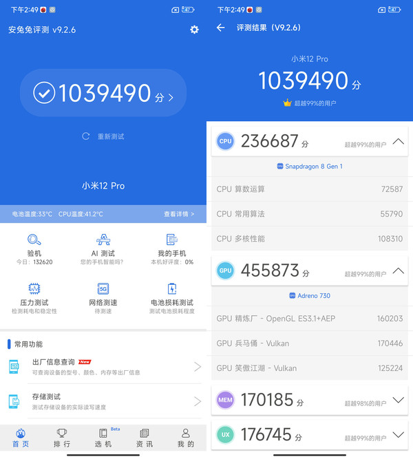 小米12 Pro安兔兔跑分