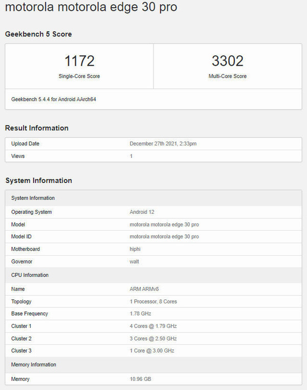 Moto Edge 30 Pro Geekbench跑分及参数