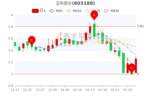 亚邦股份1月28日盘中涨5.2%，报5.26元