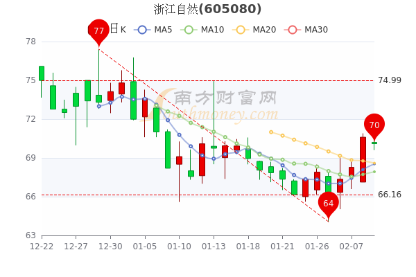 2月9日浙江自然早盘跌0.71%，报70.1元