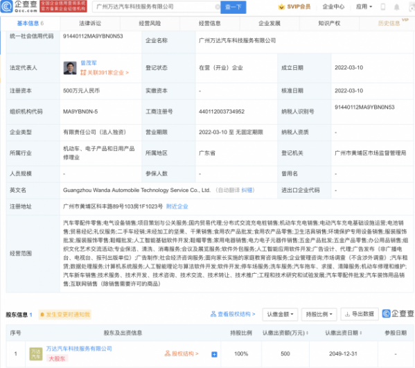 定位广州！万达汽车成立新公司 业务涉及充电桩销售