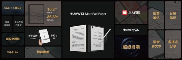 br/　　作为一款面向职场人士推出的新产品，华为MatePadPaper在便携性和实用性上有所考量。其搭载镁合金中框框架，整机只有约360g重，随身携带非常方便。该平板还标配第二代M-Pencil手写笔，其支持4096级压感，配合上该机的类纸化屏幕，无论是日常的书写还是对文档的批复和记录，都能感受到屏幕表面与手写笔摩擦带来适中的阻尼感，最大程度还原真实的纸感书写感受。